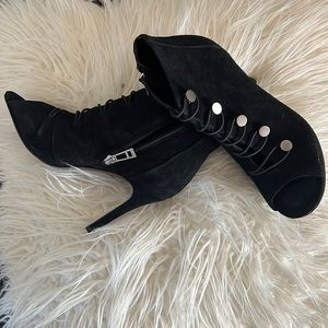 Black suede peep toe boots